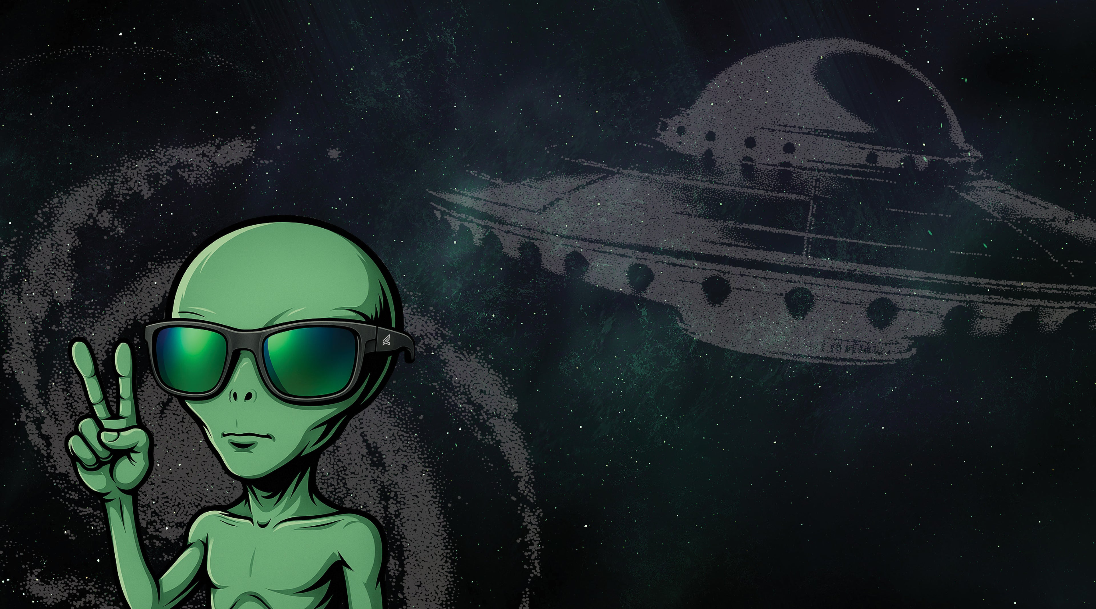 Green alien giving a peace sign with a UFO in the background wearing safety glasses