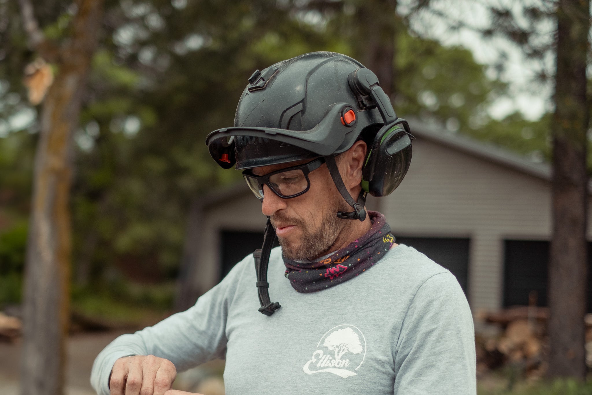 man wearing clear safety glasses and helmet